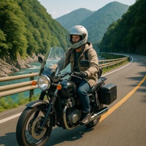 山間の渓谷沿いを走行する日本人ツーリングライダーの写真