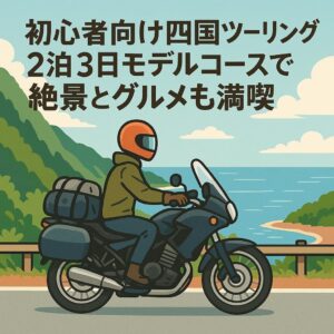 四国の海岸線を左側走行で進むツーリングライダーのイラスト