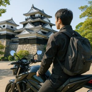 松山城の前にバイクを停めて佇む日本人男性ライダーの後ろ姿