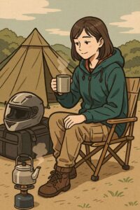 テント前でコーヒーを飲む女性ソロキャンパーとバイク用ヘルメットのある風景イラスト
