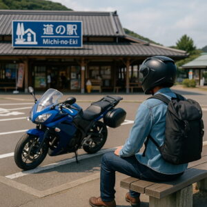 日本の道の駅でバイクを眺めながら休憩するヘルメット姿のライダー