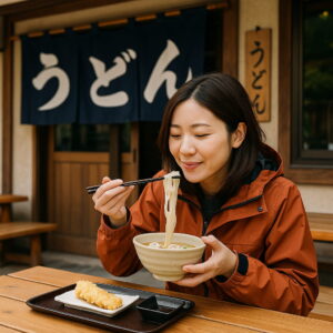 うどん店で讃岐うどんを食べる日本人女性ライダーの食事風景
