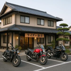 バイク専用駐車場付きでライダー歓迎の看板がある日本の宿泊施設の外観写真