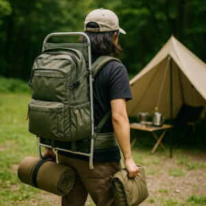 背負子を使ってキャンプ荷物を運ぶソロキャンパーの後ろ姿