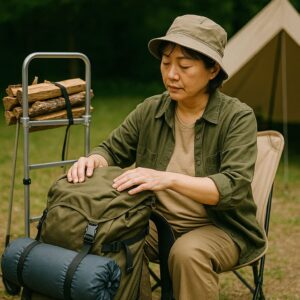 キャンプサイトでリュックの準備をする女性と、薪を載せた背負子