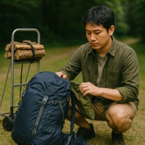 リュックを開けて荷物を確認する男性キャンパーと薪を載せた背負子
