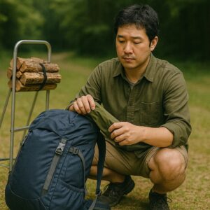 タープを確認するソロキャンパーと背後の薪入り背負子
