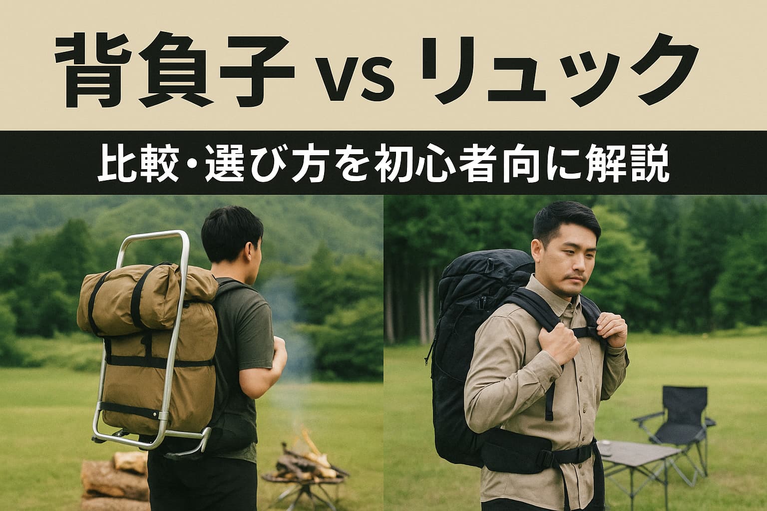 背負子とリュックを比較する2人の日本人キャンパーの姿と解説タイトル入りアイキャッチ画像