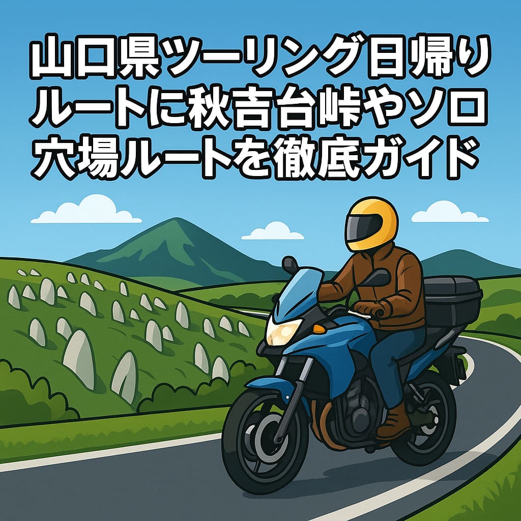 山口県の秋吉台をバイクで走るツーリングライダーのイラスト
