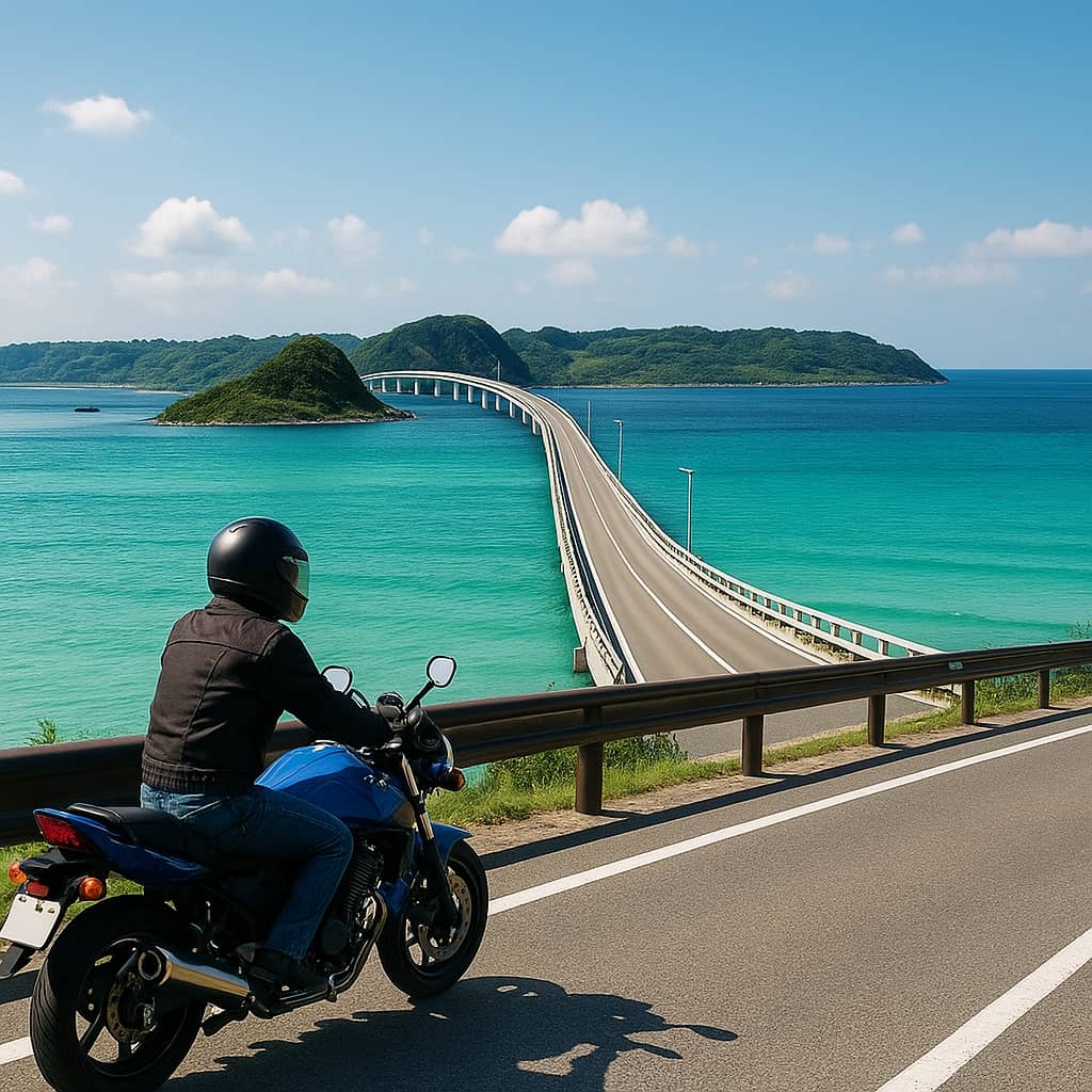 バイクで絶景を楽しむ角島大橋付近のライダー(AIイメージ)