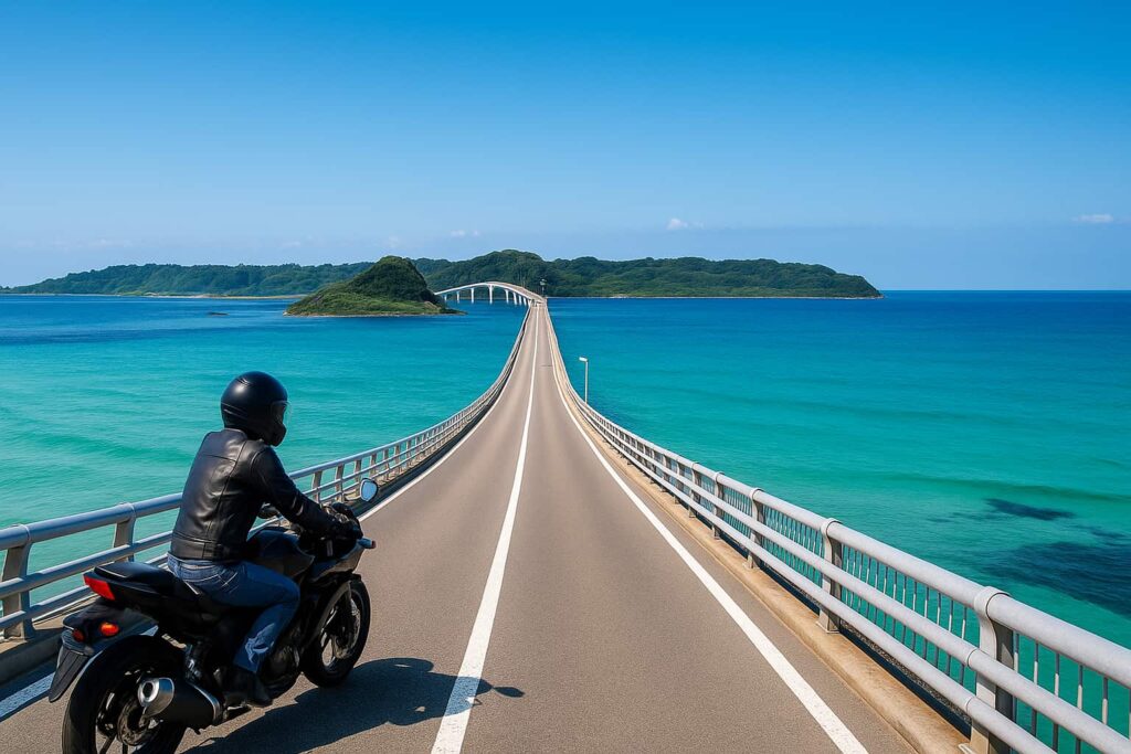 角島大橋を走るバイクと青く澄んだ海(AIイメージ)