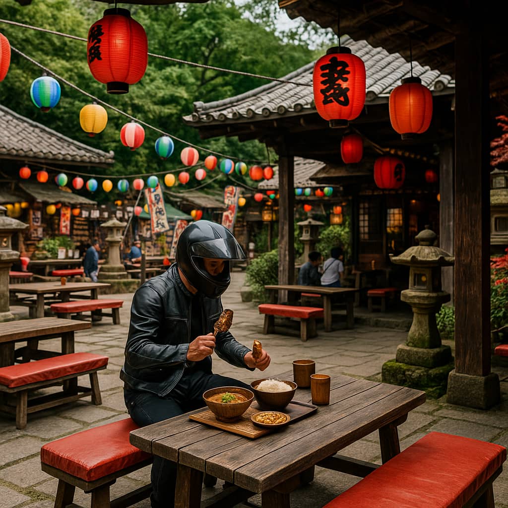 いろり山賊でご当地グルメを味わうライダー(AIイメージ)