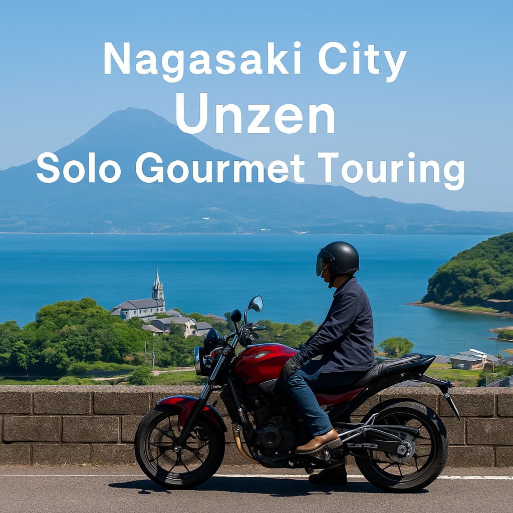長崎市と雲仙を背景に、海沿いでバイクを停めて景色を眺めるソロライダーの様子