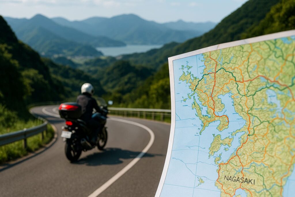 長崎の峠道を走るライダーと広げた地図の風景