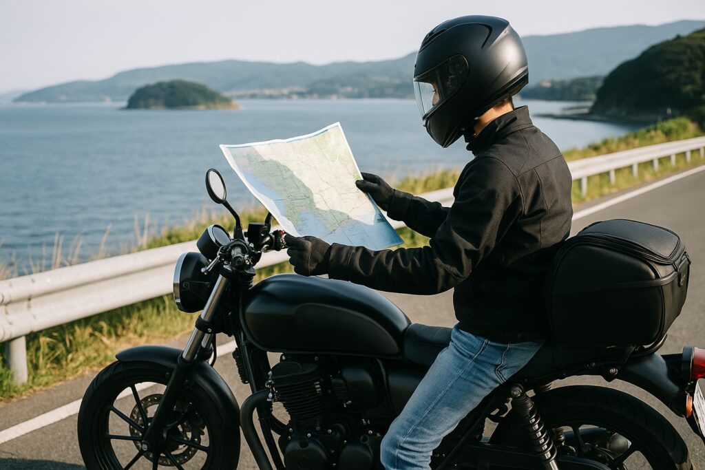 海沿いの道でマップを確認するソロライダーの様子