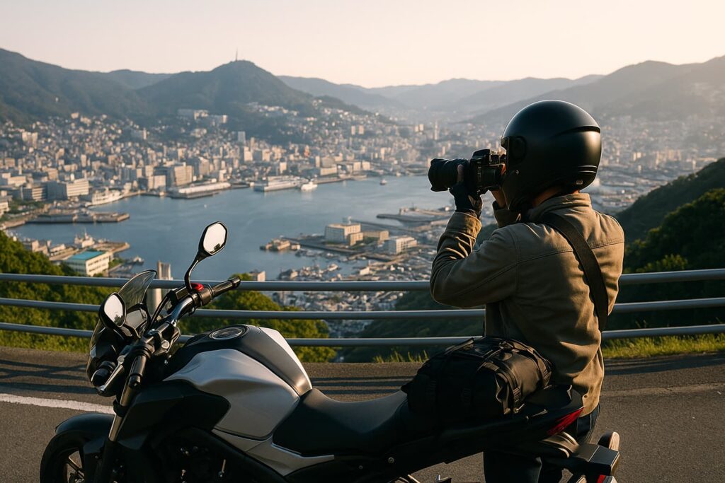 長崎の展望台で夕焼けを背景にバイク越しに街を撮影するライダー