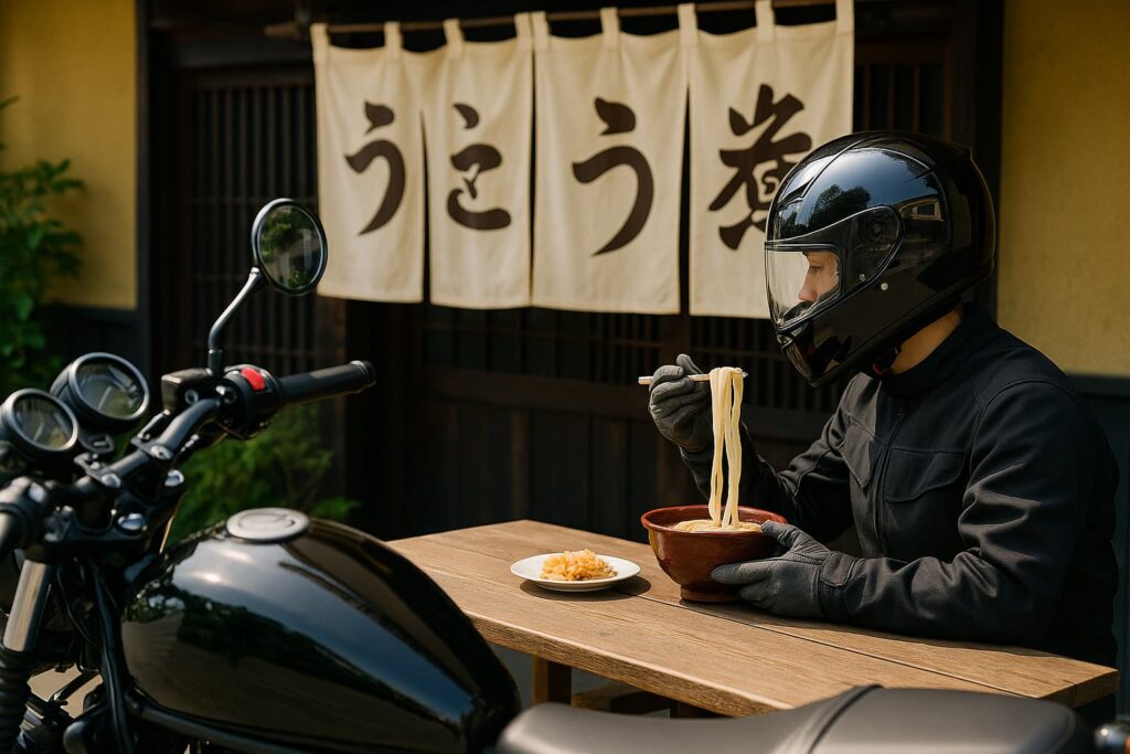 バイクを横付けしたライダーがうどんを食べる和食店の外の様子
