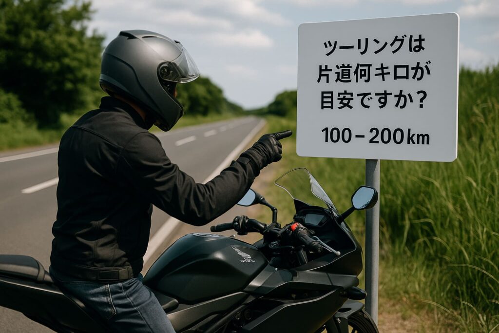 片道の走行距離を示す標識を指差すライダー