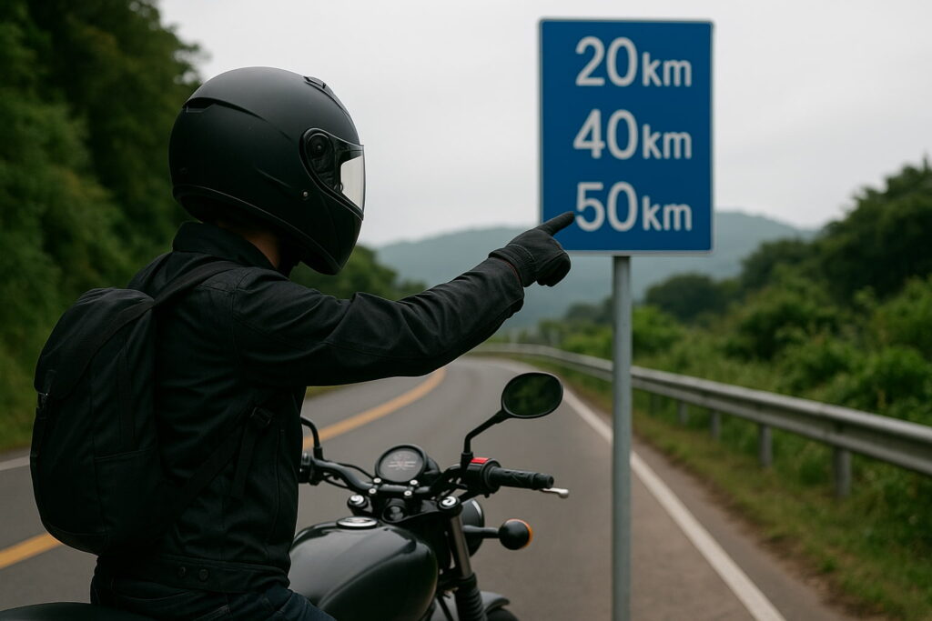 距離標識を見ながら休憩するソロライダー
