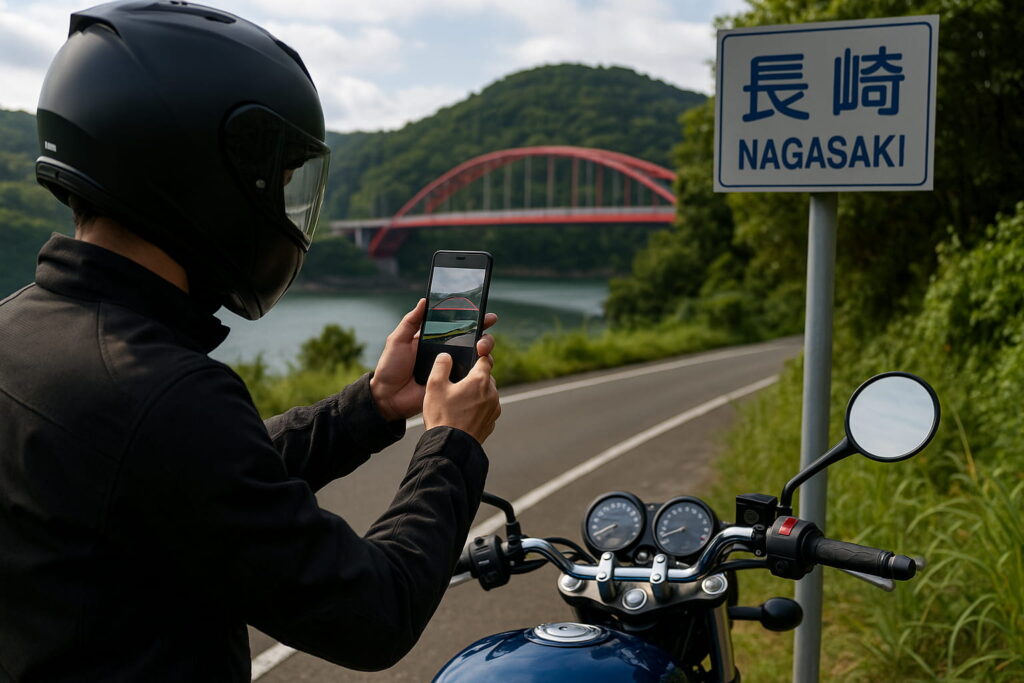 長崎の赤い橋と山を背景に写真を撮るライダー