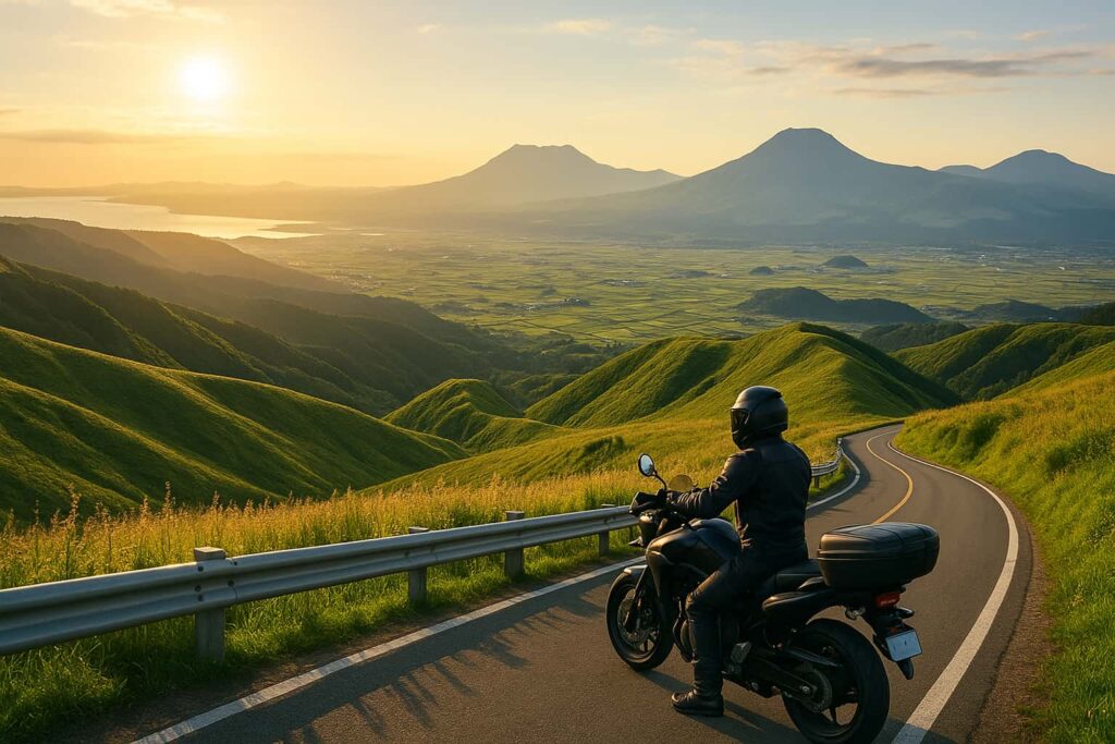 夕日に染まる雲仙岳を見渡す山道を走るバイクライダー