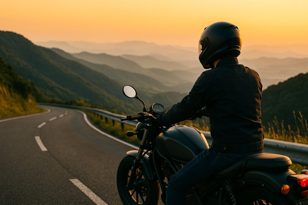 夕焼けの山道でバイクを止めて遠くを見渡すライダー