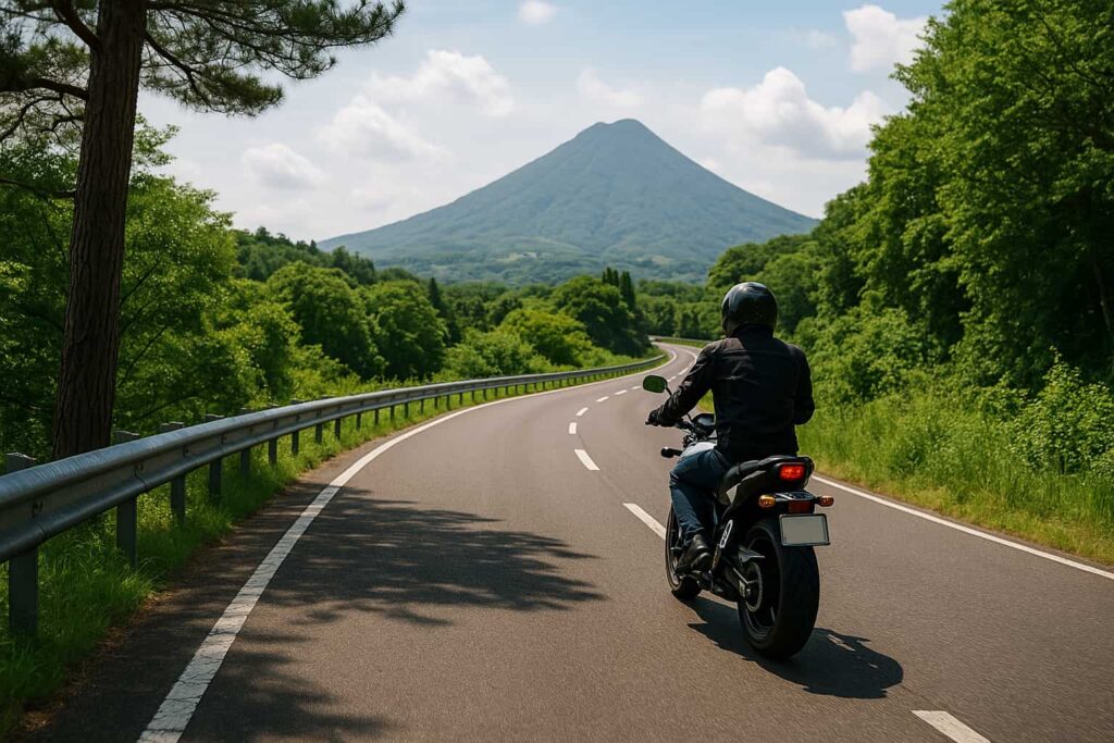 緑に囲まれた峠道を一人で走るライダーの後ろ姿