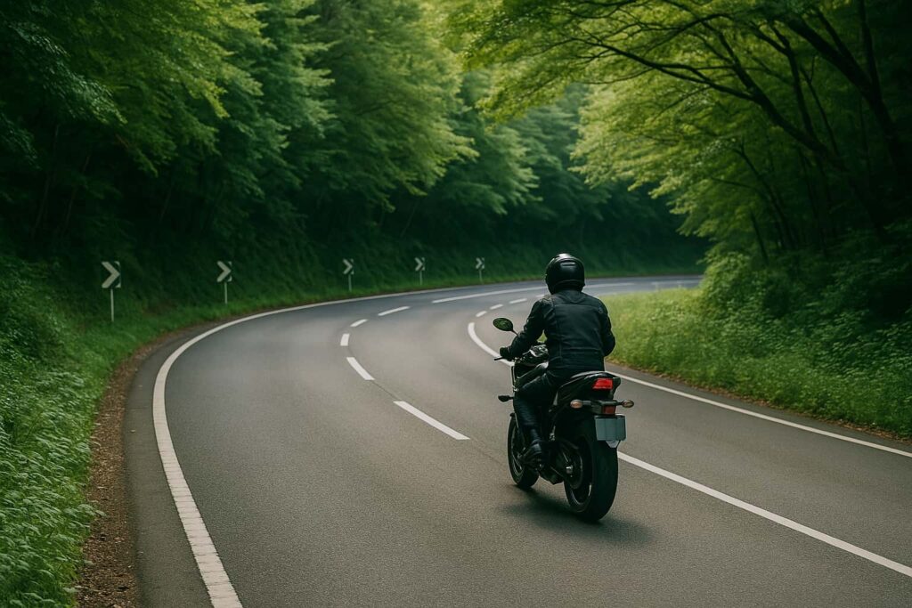 長崎の山道を一人で走るライダーと緑に囲まれたカーブ