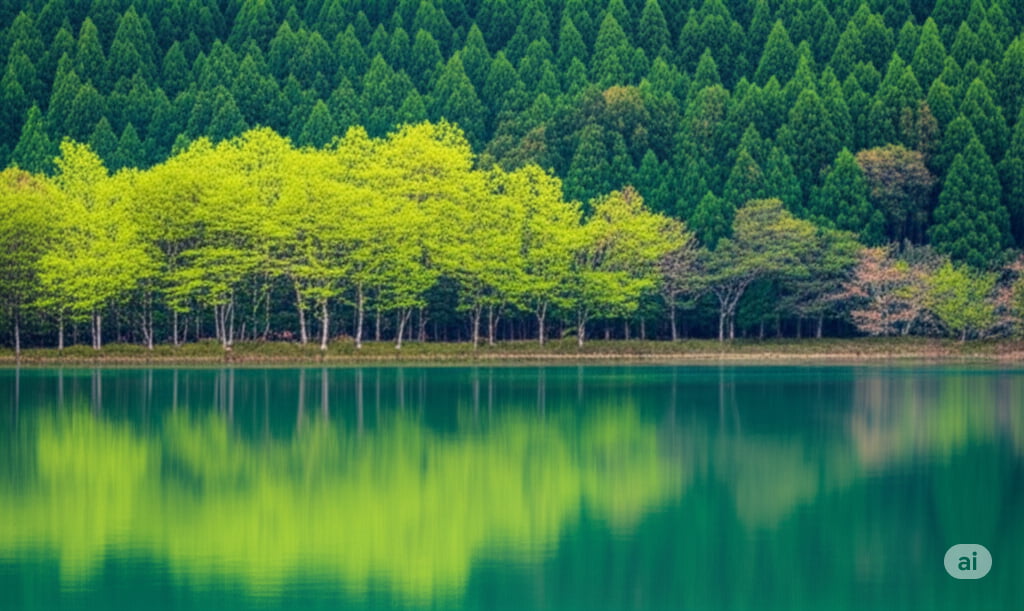 静かな湖面に緑が映る神秘的な池の写真
