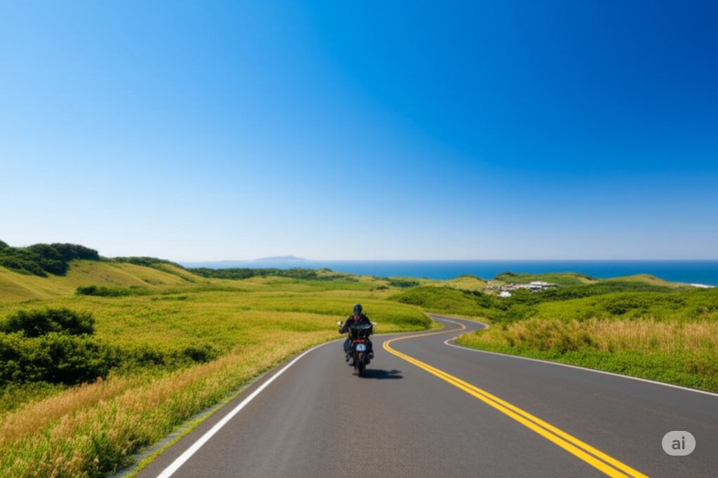 広大な緑のカルスト台地を走るバイクのイラスト、青い空