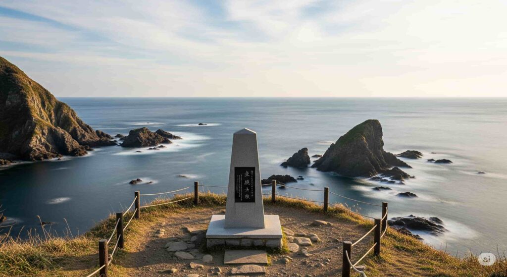 本州最西端の地、毘沙ノ鼻の静かな海と空が広がる風景の写真