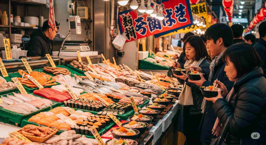 活気あふれる日本の海鮮市場で、寿司や海鮮丼を楽しむ人々の写真