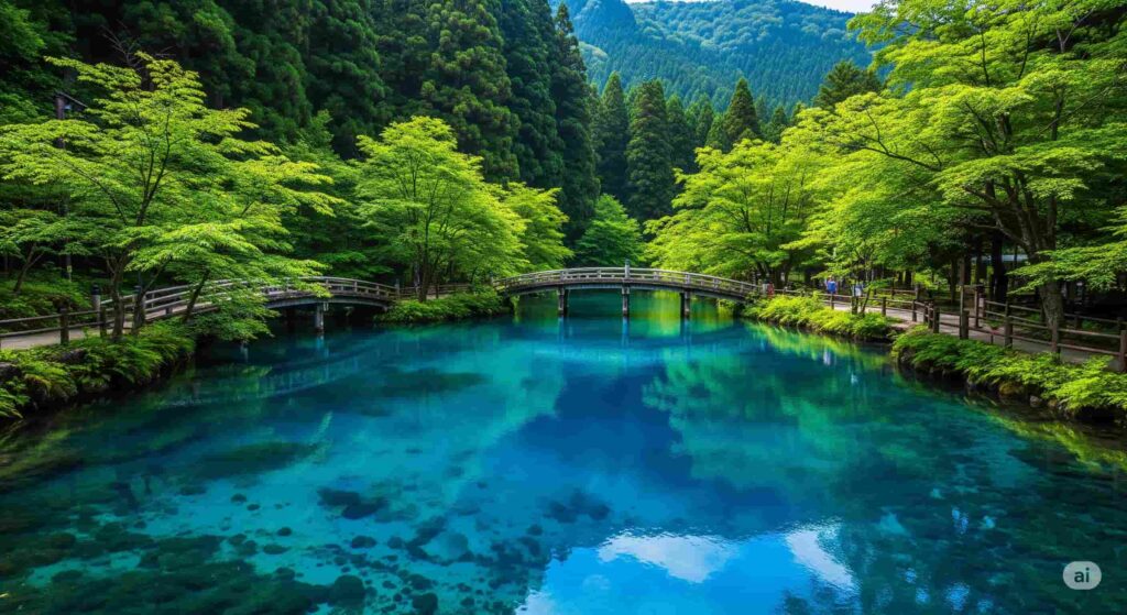 青く澄んだ神秘的な弁天池と、周囲の緑豊かな風景の写真