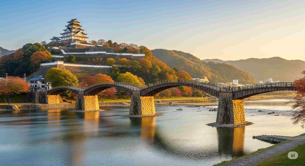 美しい五連アーチの錦帯橋と、紅葉に彩られた岩国城の風景の写真