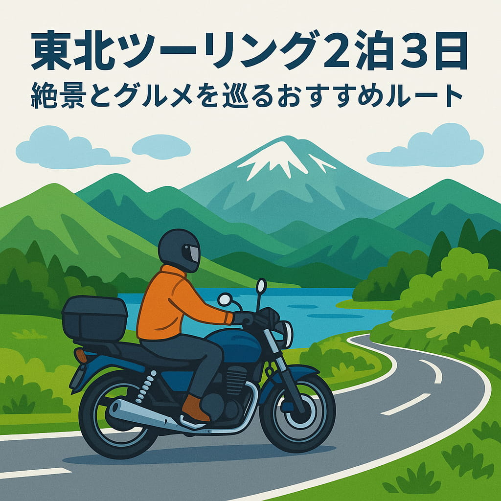 東北の山間部を2泊3日でツーリングするライダーのイラスト