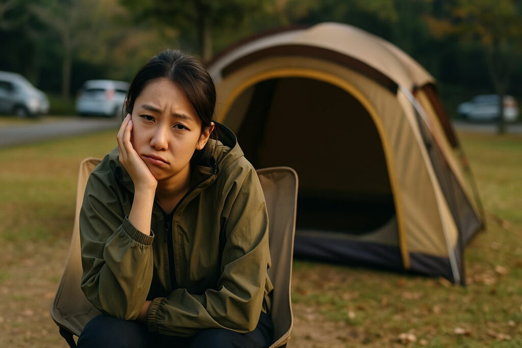 キャンプ場で退屈そうに座っている若い男性。周りは自然に囲まれているが楽しんでいない様子