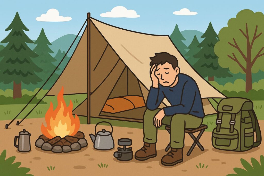 ソロキャンプで準備や設営に手間を感じ、めんどくさいと思う男性のイラスト