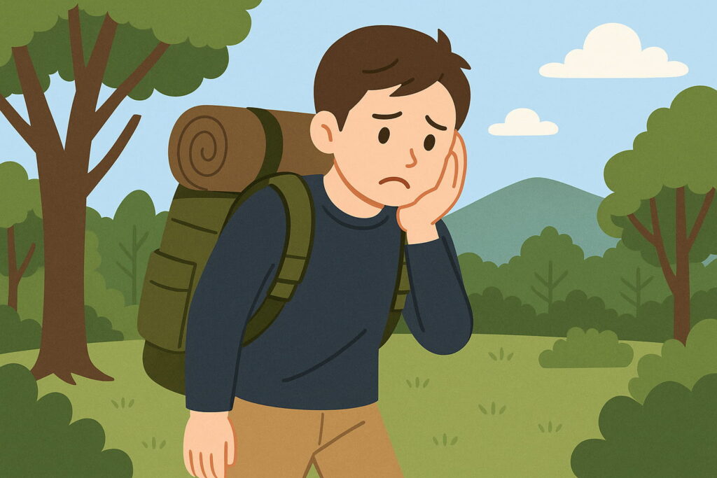 ソロキャンプ中に疲れた表情を浮かべる男性のイラスト