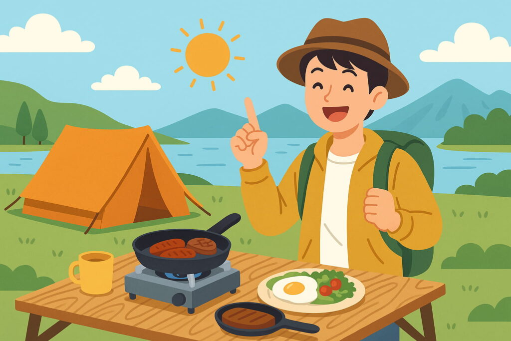 ポジティブな雰囲気で描かれたキャンプのイラスト。人物が自然の中で学びを得ている様子を表現している。