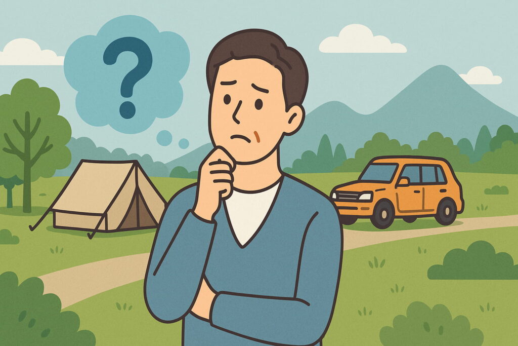 キャンプ場でテントと車を背景に、疑問を抱えた表情で考える中年男性のイラスト