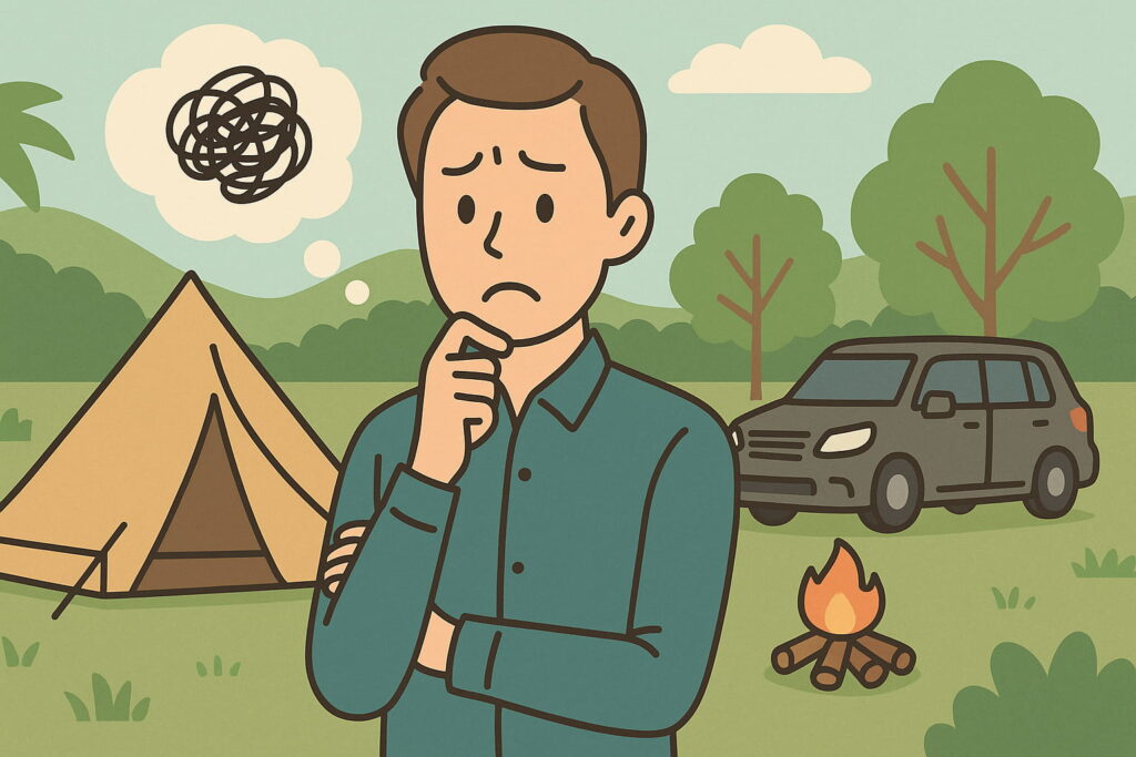 キャンプ場で暗黙のルールに悩み、考え込む男性のイラスト