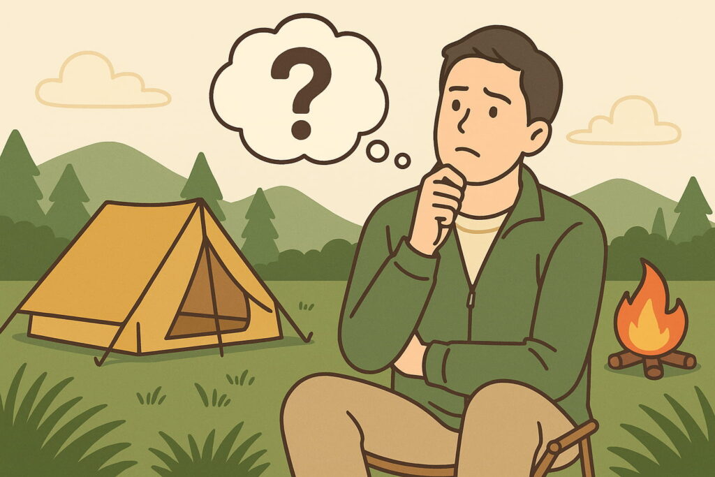 ソロキャンプを楽しむ男性が焚き火のそばで安全に過ごしている様子を描いたイラスト