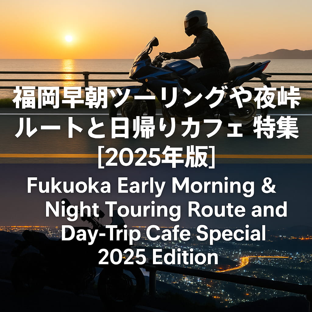 福岡の早朝ツーリングと夜の峠ルート、日帰りカフェ巡りの魅力を伝えるバイクと風景の画像。上部には朝焼けの海沿いを走るライダー、下部には夜景を背景に停まるバイクが描かれている。