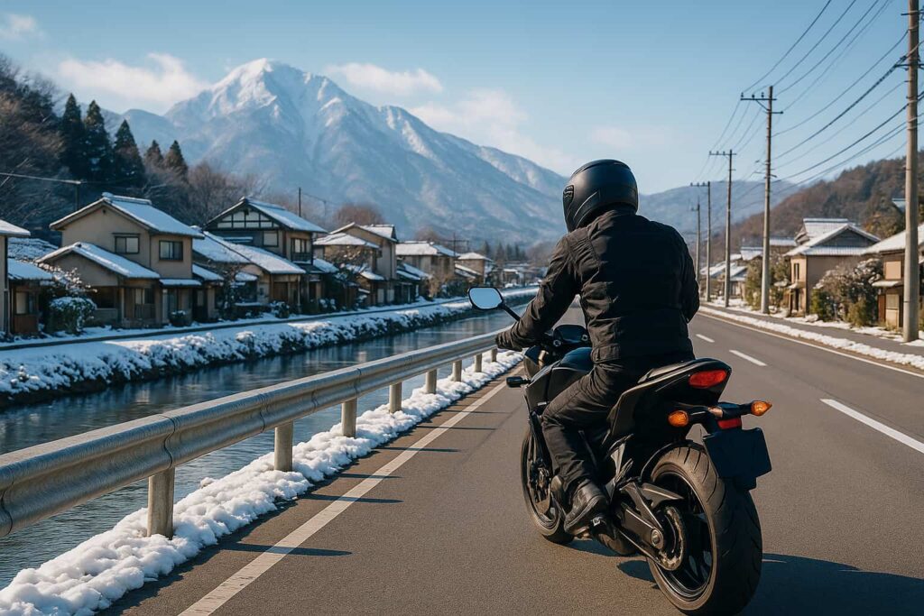 冬でも走れる福岡のツーリングルートを走るライダーの後ろ姿