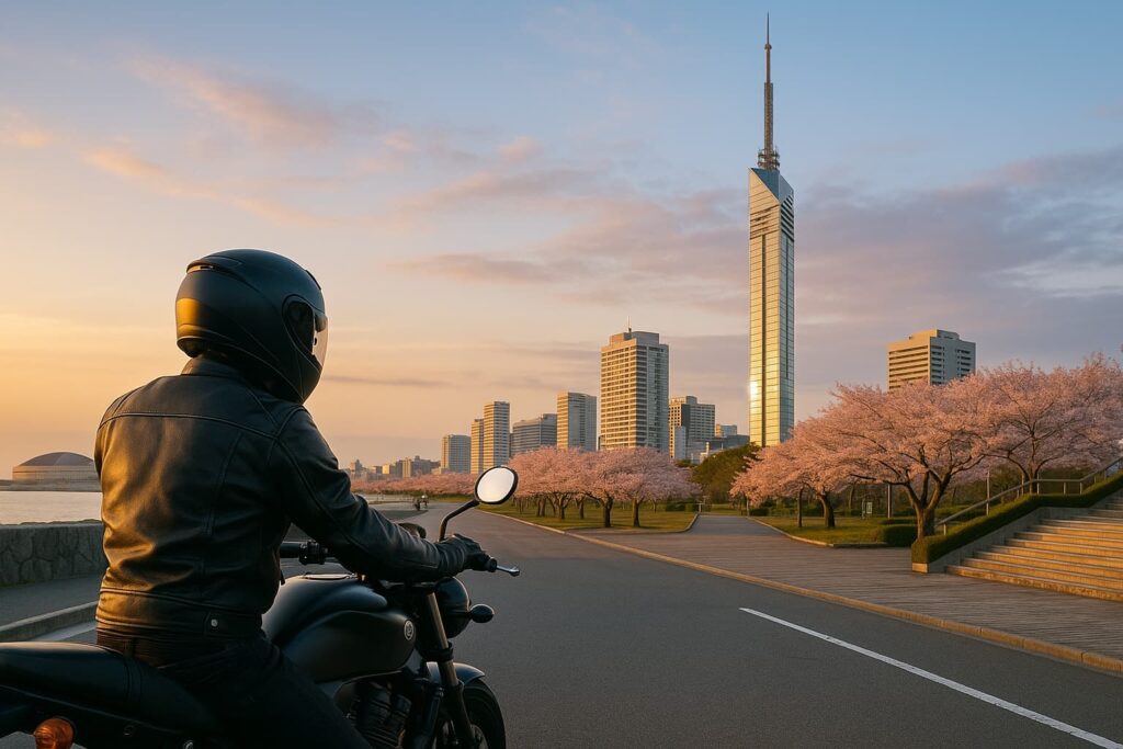 福岡の海沿いでバイクと絶景が調和する風景の写真
