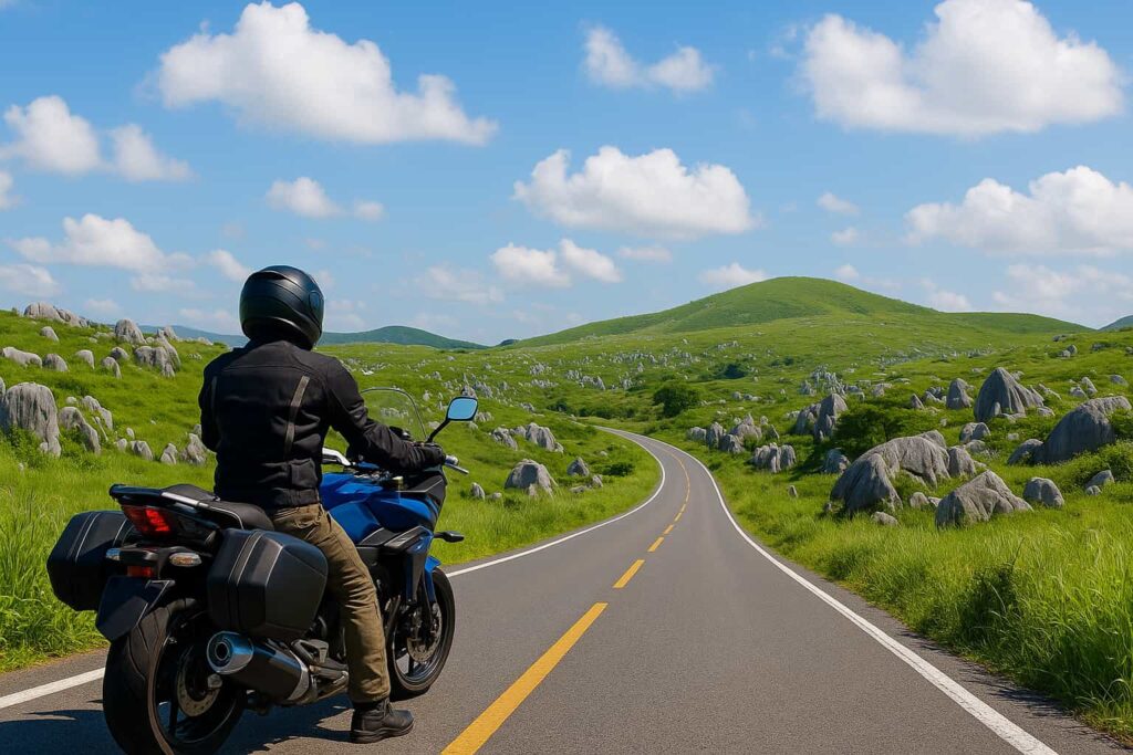 平尾台のカルスト地形を走るバイクと草原の風景
