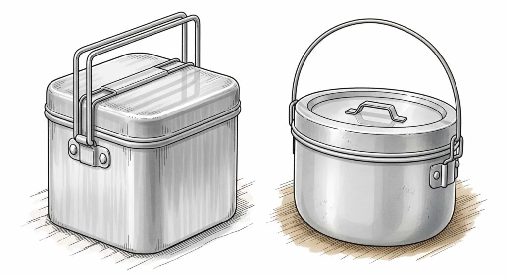 四角いメスティンと丸い飯盒を並べたイラスト(AIイメージ)