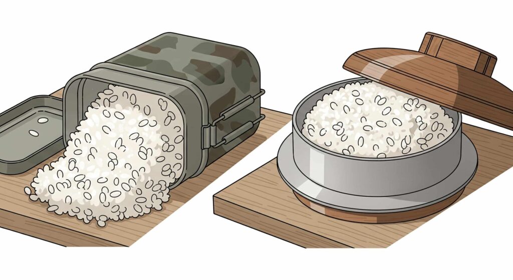 メスティンで炊いたご飯と飯盒で炊いたご飯を並べたイラスト(AIイメージ)