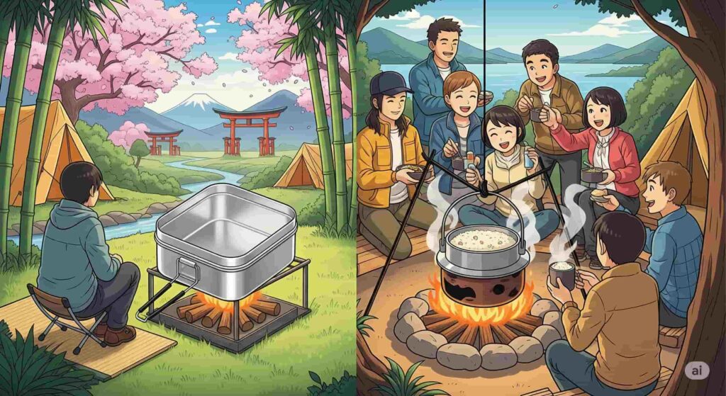 ソロキャンプの風景とグループキャンプの風景のイラスト(AIイメージ)