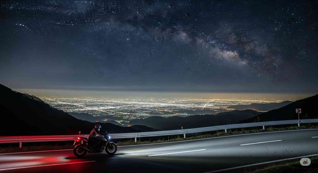 遠くに街の夜景が輝く中、山道を走るバイクの後ろ姿。カーブが続く暗い道と、対照的に美しい光を放つ街並みが印象的なナイトツーリングの風景。